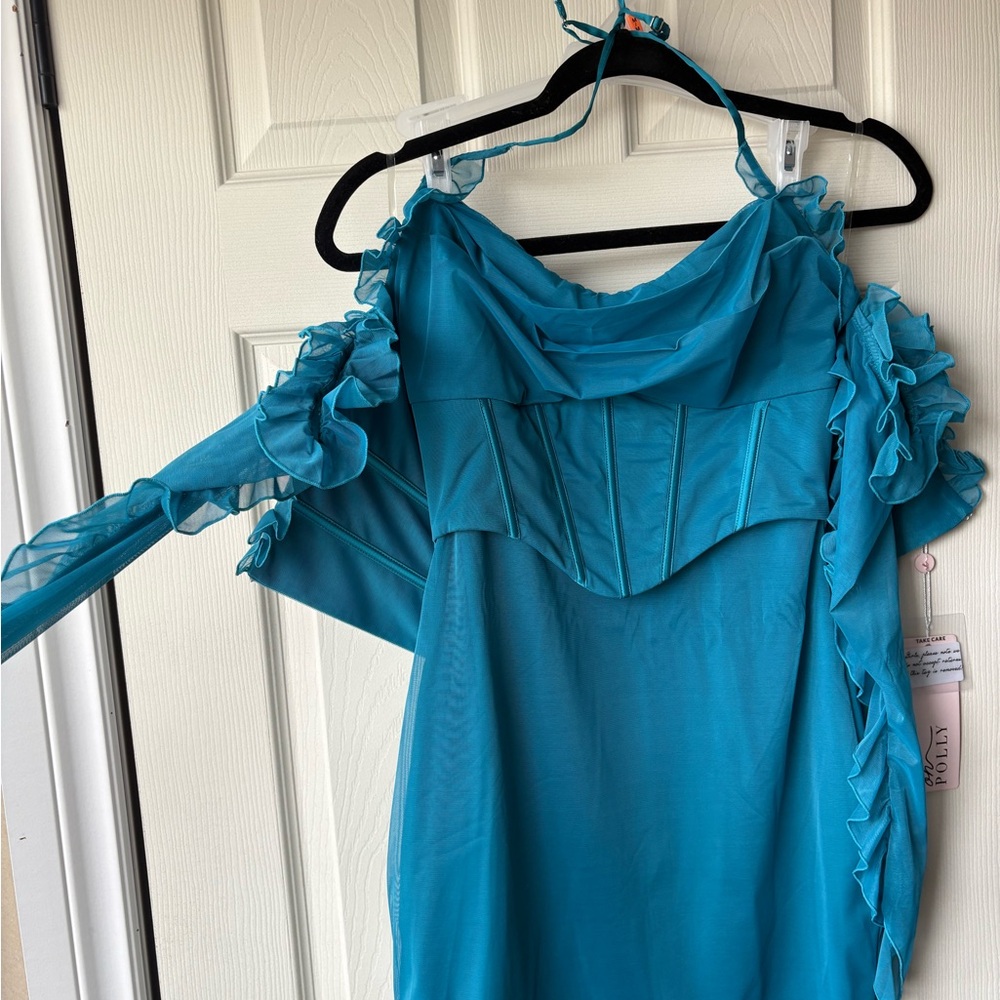 NWT Teal Ruffled Off-Shoulder Oh Polly Dress